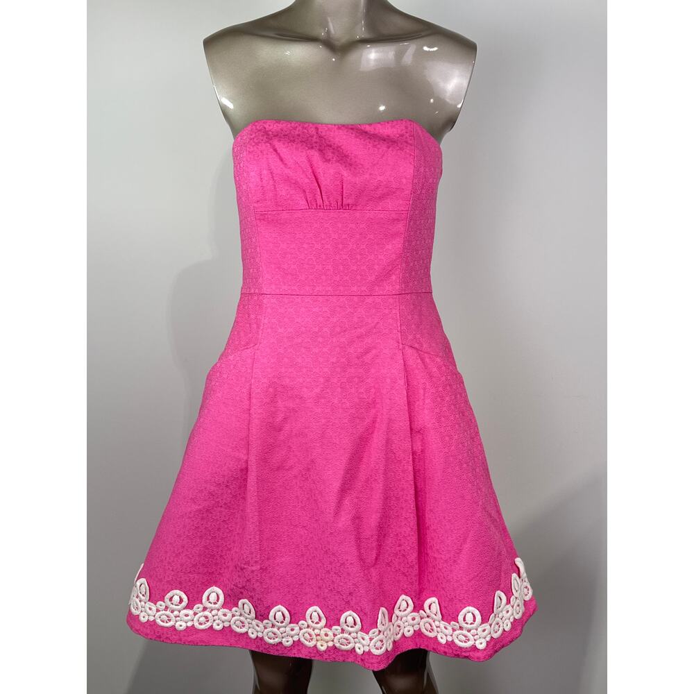 Lilly Pulitzer pink floral brocade cotton bustier dress dots trim pockets 4